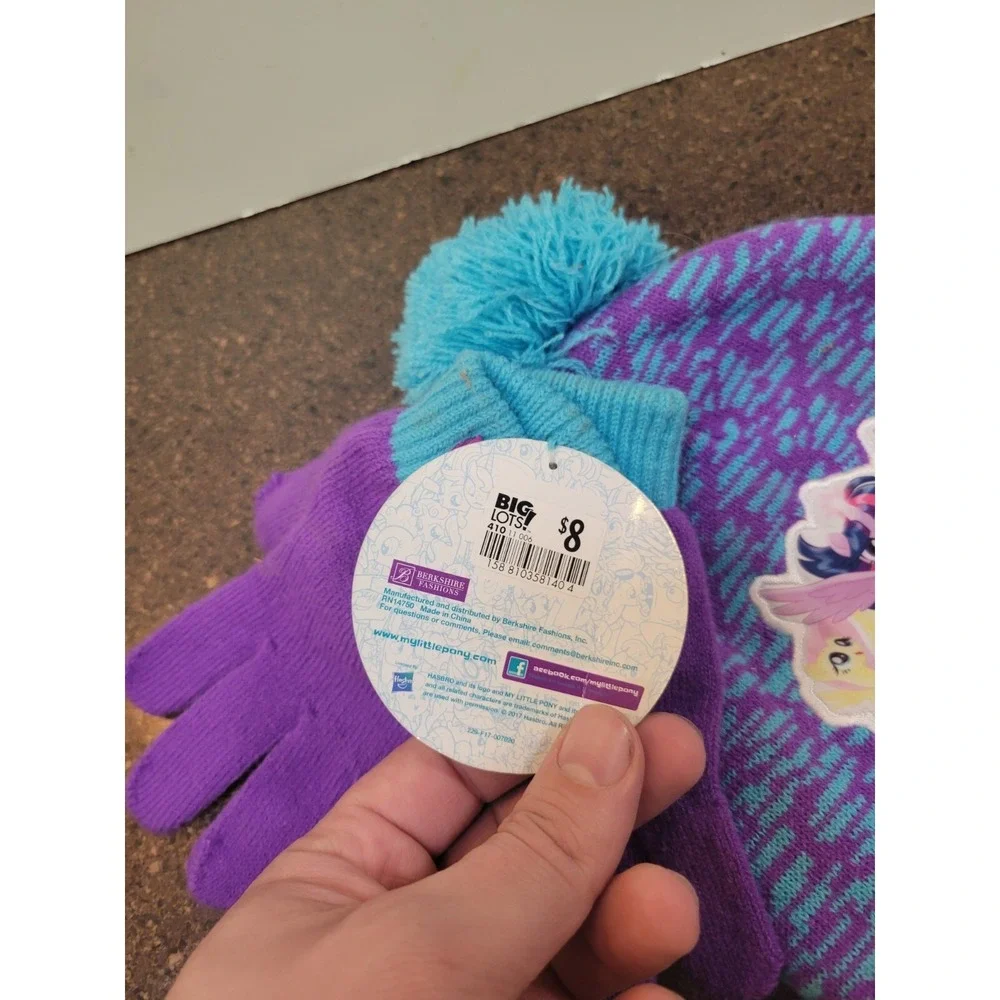 My Little Pony Winter Beanie Hat & Gloves Set Girls Purple Pom Pom Warm Cozy